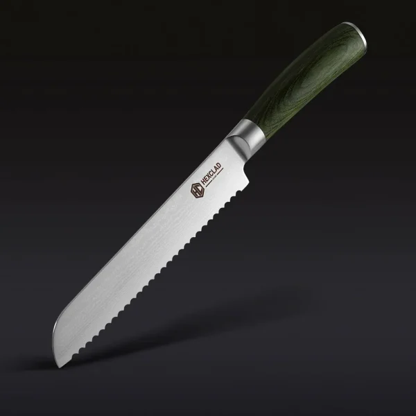 Damascus Steel Serrated Bread Knife, 8" (Green)